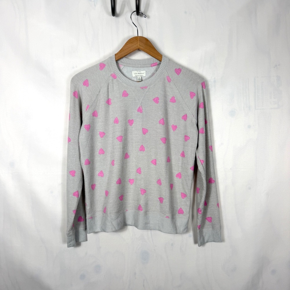 Lucky Brand‎ Heart Print Gray Pink Brushed Knit Pullover Shirt Women's Small New